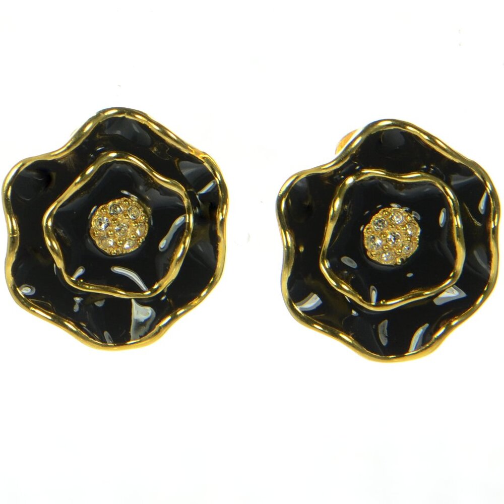 Kenneth Jay Lane KJL Black Enamel Flower Clip-on Earrings